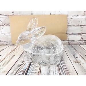 Clear Glass Bunny Rabbit Lidded Candy Trinket Dish Two Piece Woodland UV GLOWS